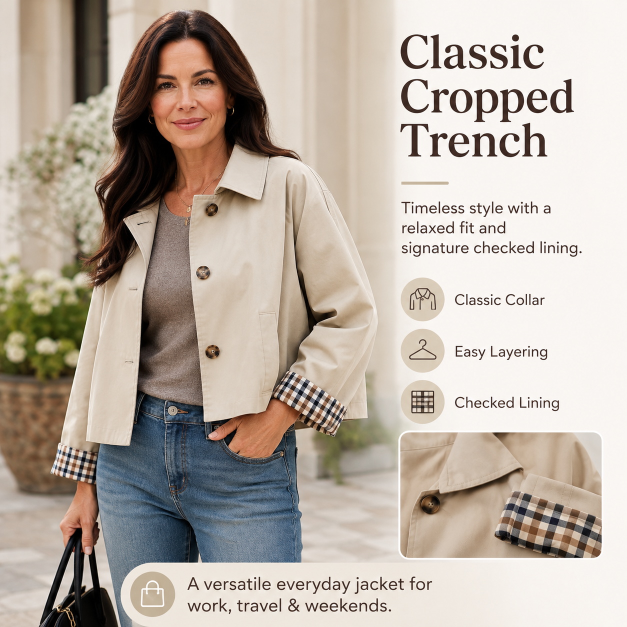 🧥 Classic Collar Cropped Jacket – Checkered Lining, Breezy Summer Style