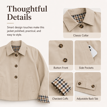 🧥 Classic Collar Cropped Jacket – Checkered Lining, Breezy Summer Style