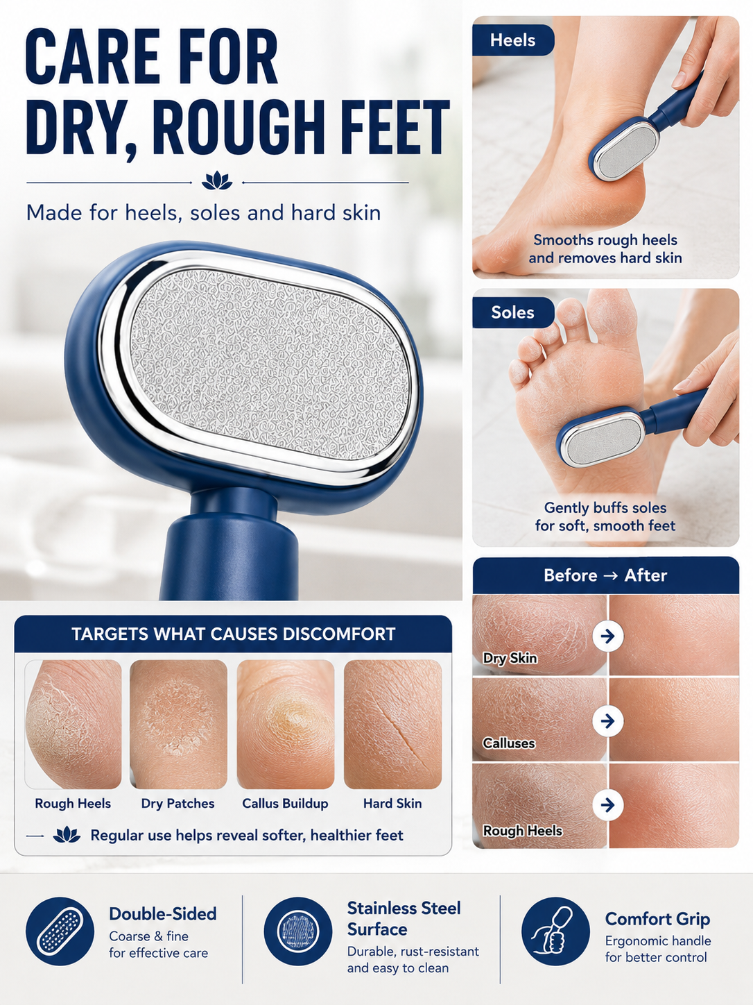 💧 Self-Care Essential Dual-Sided Foot Callus Remover with Replaceable Stainless Steel Blade