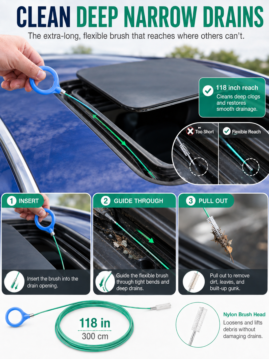 🔥 Limited-Time Deal 78-Inch Car Sunroof Drain Cleaning Tool — Flexible Long Tube Brush for Easy Clog Removal