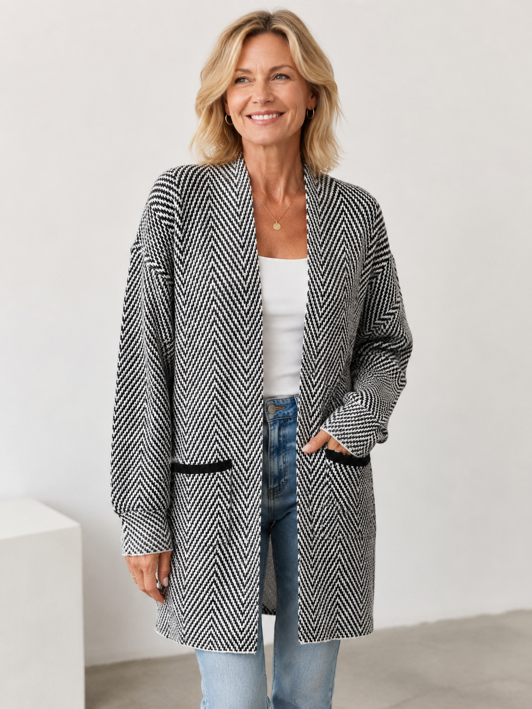 🍁 Fall Favorite ✨ Women’s Herringbone Cardigan — Soft Chunky Knit Sweater Coat with Pockets