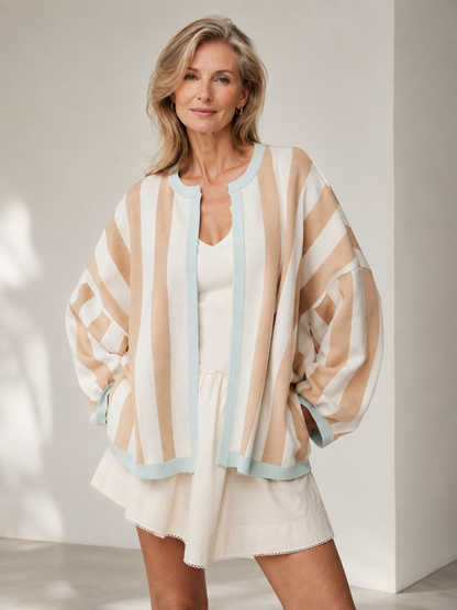 🍂 Fall Must-Have 🧶 Women’s Striped Knit Cardigan - Oversized Open-Front Sweater with Balloon Sleeves