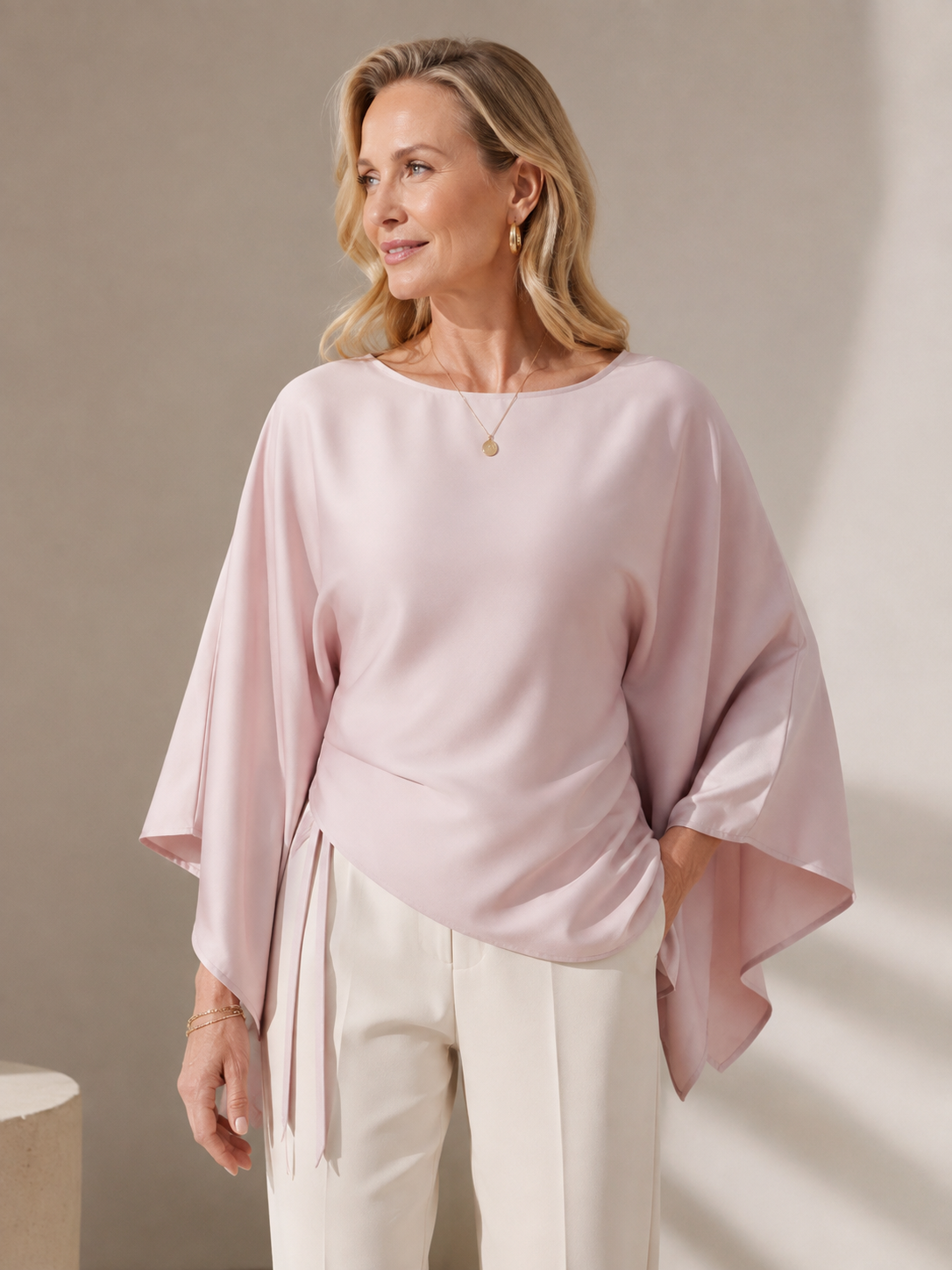 💎👗Chic Style Satin Boat Neck Blouse - Bell Sleeves with Asymmetrical Design