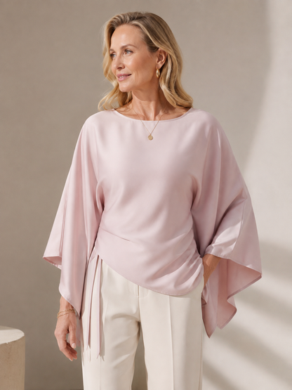 💎👗Chic Style Satin Boat Neck Blouse - Bell Sleeves with Asymmetrical Design