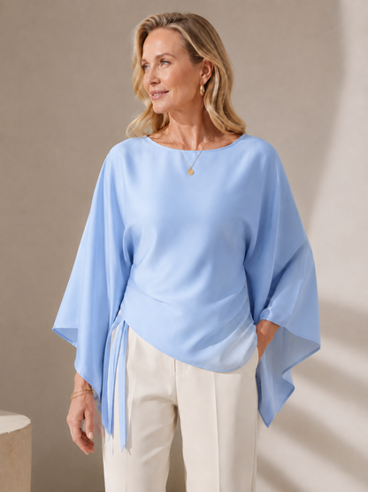💎👗Chic Style Satin Boat Neck Blouse - Bell Sleeves with Asymmetrical Design