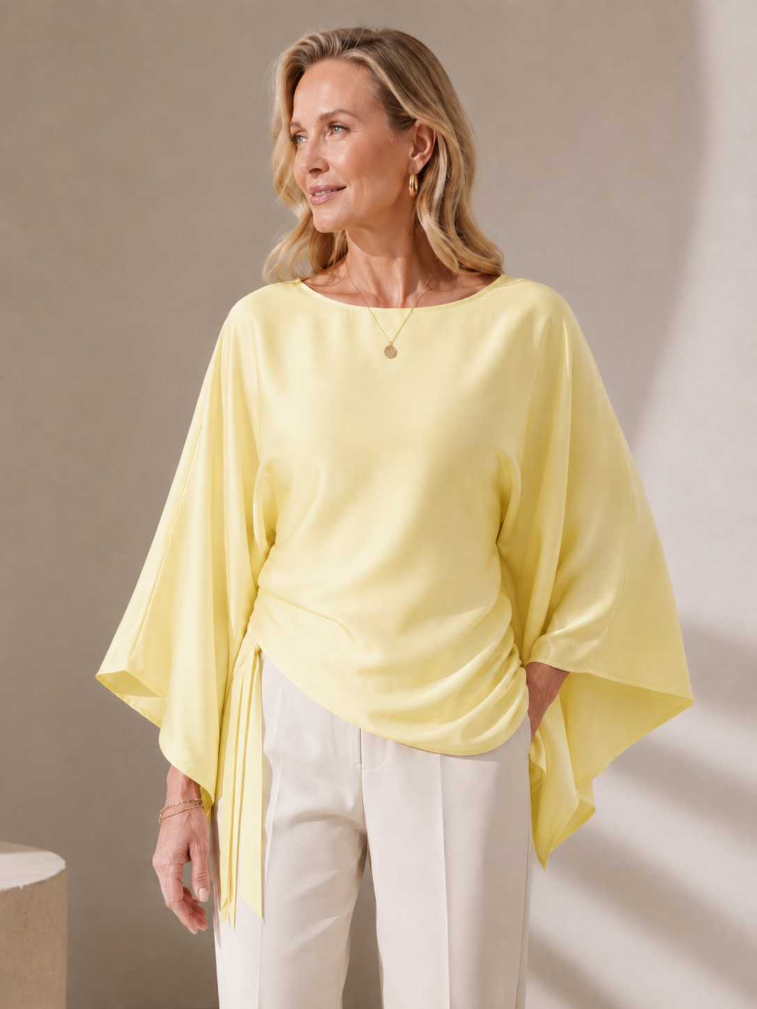 💎👗Chic Style Satin Boat Neck Blouse - Bell Sleeves with Asymmetrical Design