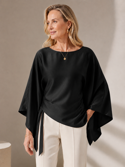 💎👗Chic Style Satin Boat Neck Blouse - Bell Sleeves with Asymmetrical Design