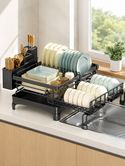 🍽️ Kitchen Upgrade ✨ 2-Tier Stainless Steel Dish Drying Rack with Drainboard & Utensil Holder