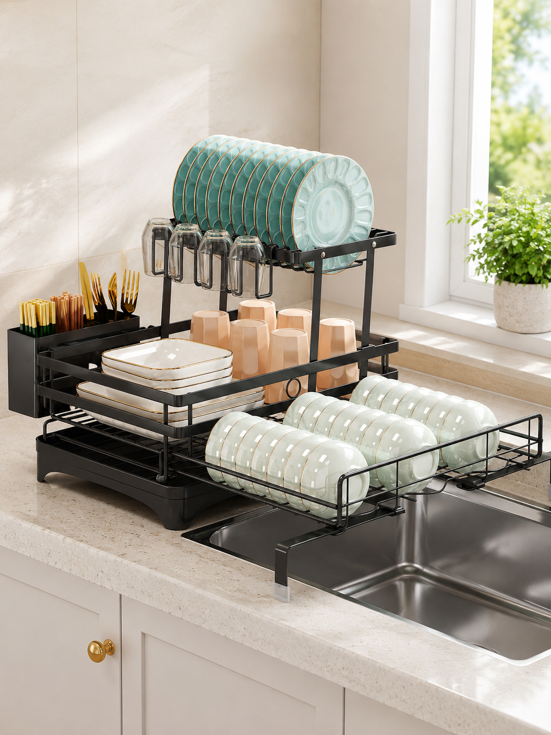 🍽️ Kitchen Upgrade ✨ 2-Tier Stainless Steel Dish Drying Rack with Drainboard & Utensil Holder
