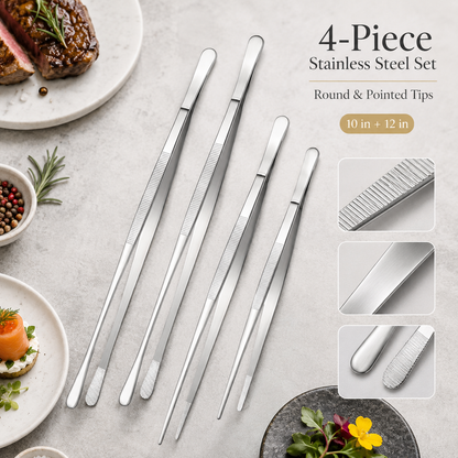 🔥🛠️Fine Long Tweezer Tongs Professional Black Set,12'' and 10'' Stainless Steel