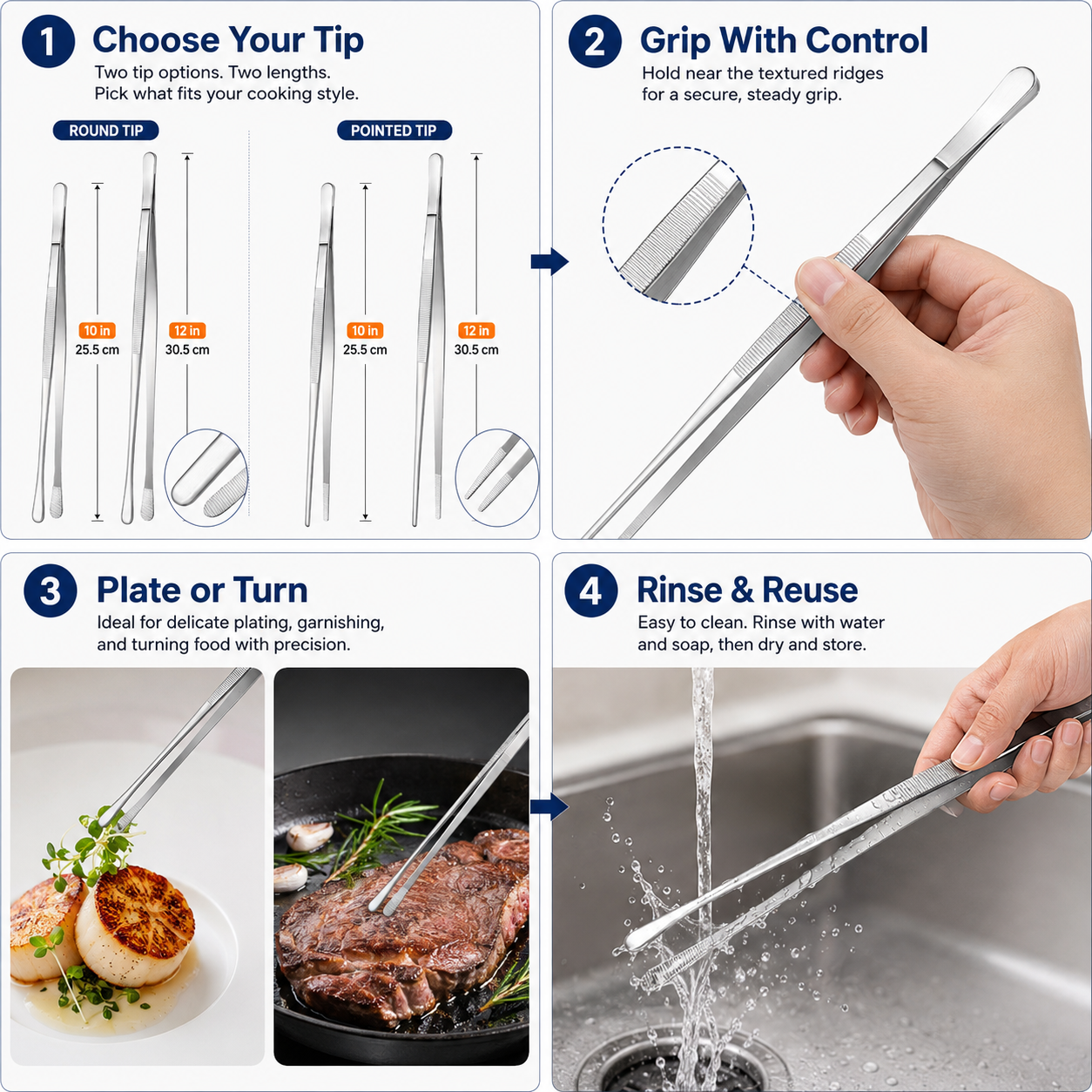 🔥🛠️Fine Long Tweezer Tongs Professional Black Set,12'' and 10'' Stainless Steel