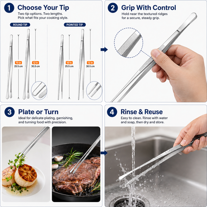🔥🛠️Fine Long Tweezer Tongs Professional Black Set,12'' and 10'' Stainless Steel
