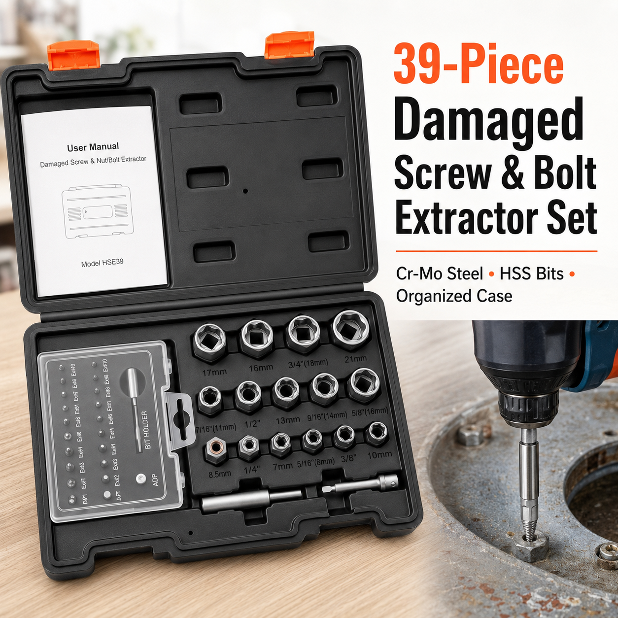 🛠️39-Piece Damaged Screw Extractor Set with 3/8" Drive Bolt Extractor Kit