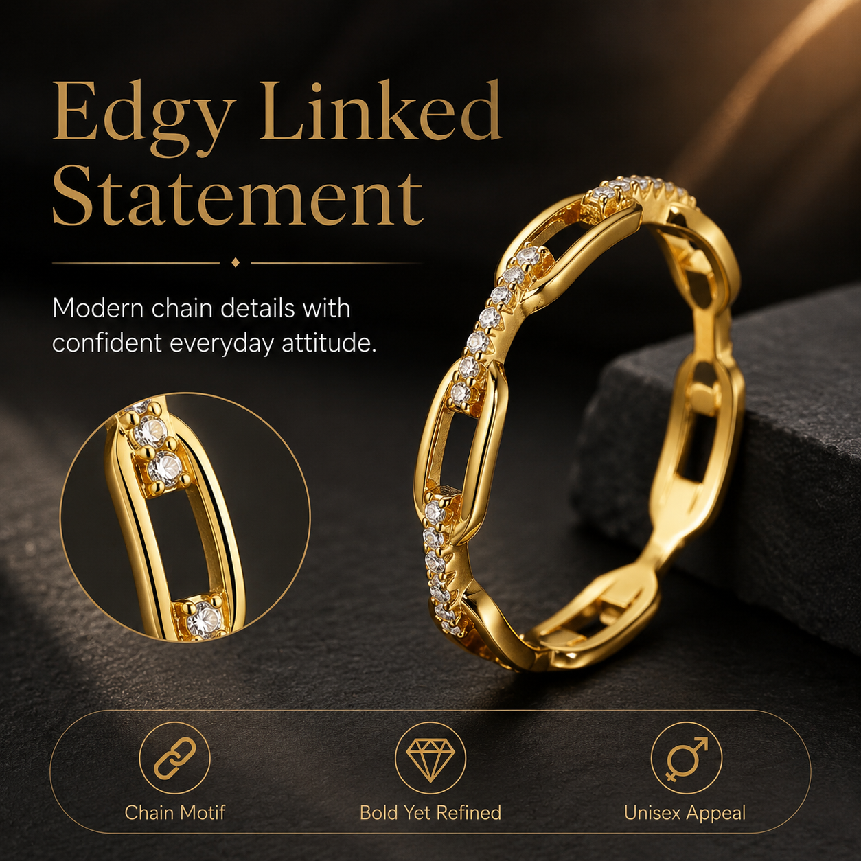 ✨ Silver & Gold Chain Ring – Waterproof Hip Hop Unisex Jewelry