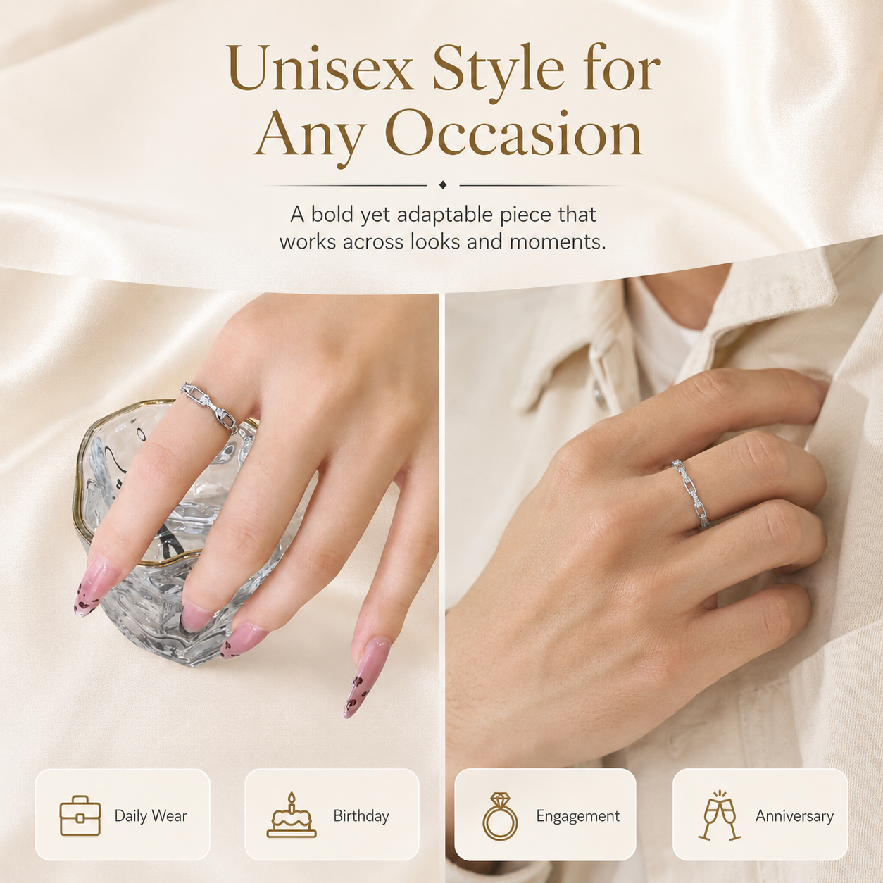 ✨ Silver & Gold Chain Ring – Waterproof Hip Hop Unisex Jewelry