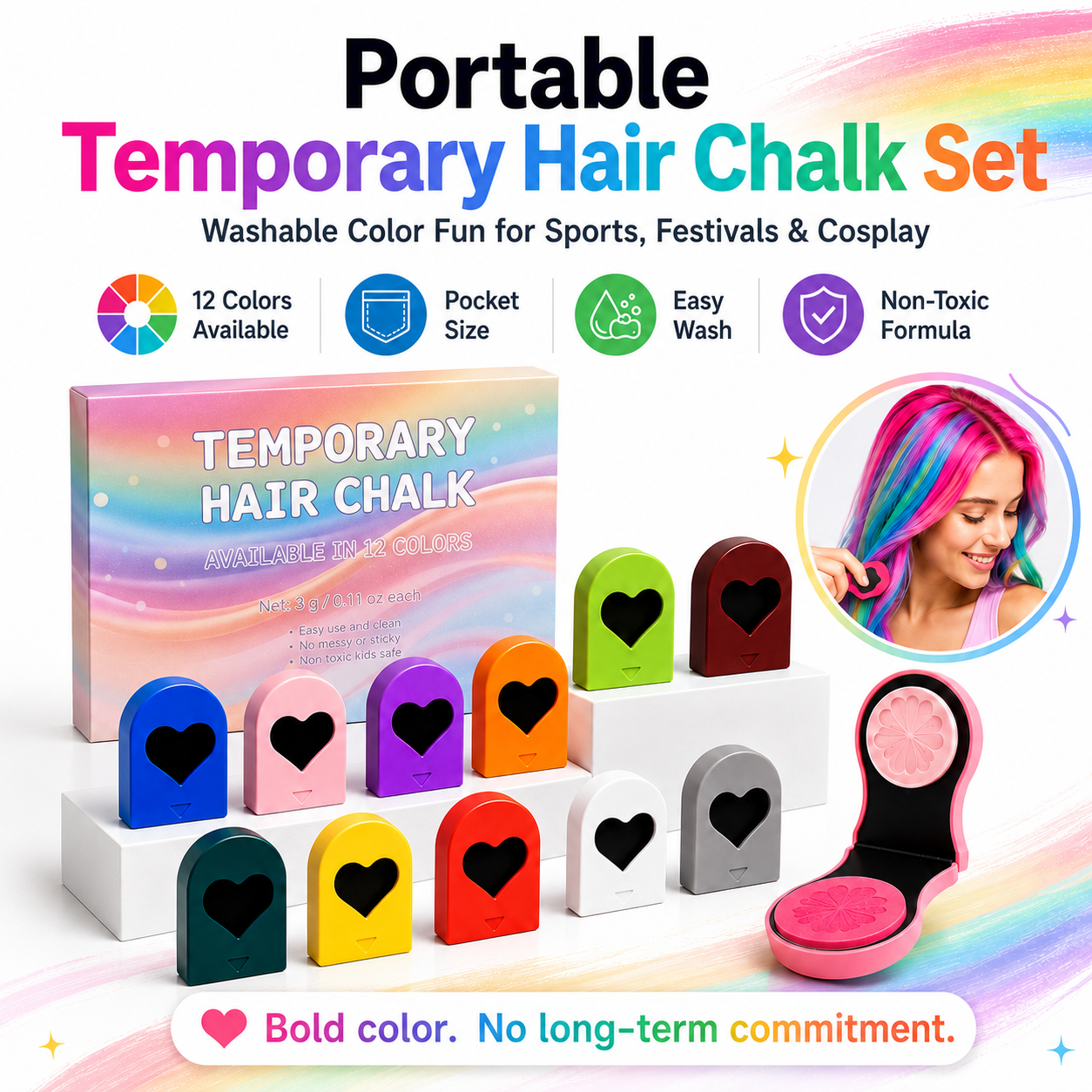 🎨 Washable Hair Chalk Set – Non-Toxic Color Powder for Festivals & Cosplay