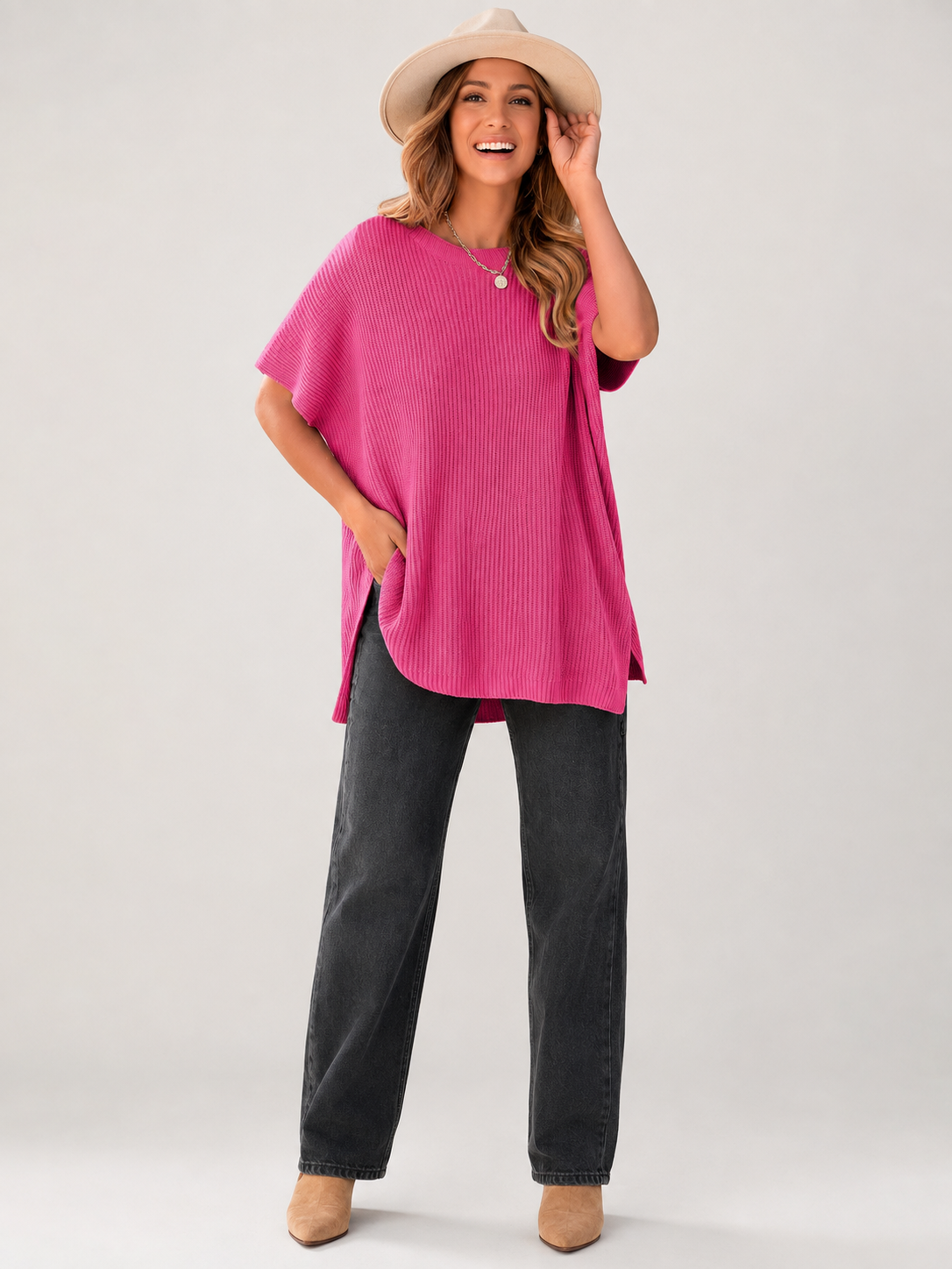 ✨Women's Casual Oversized Solid Knit Pullover Sweater with Puff Short Sleeves