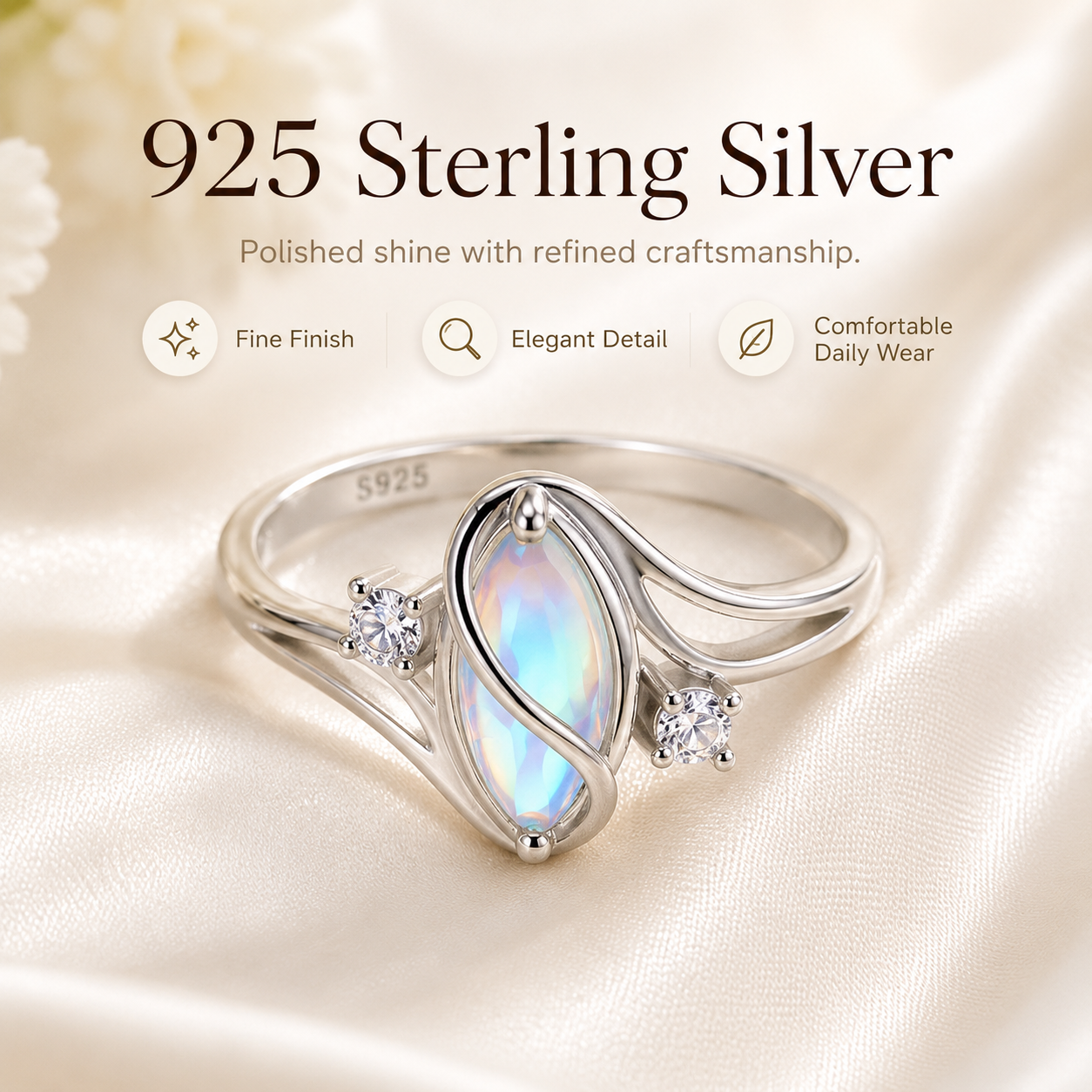 💎 Rainbow Moonstone Ring – 5A CZ Accent, Elegant Gift for Her 🌈✨