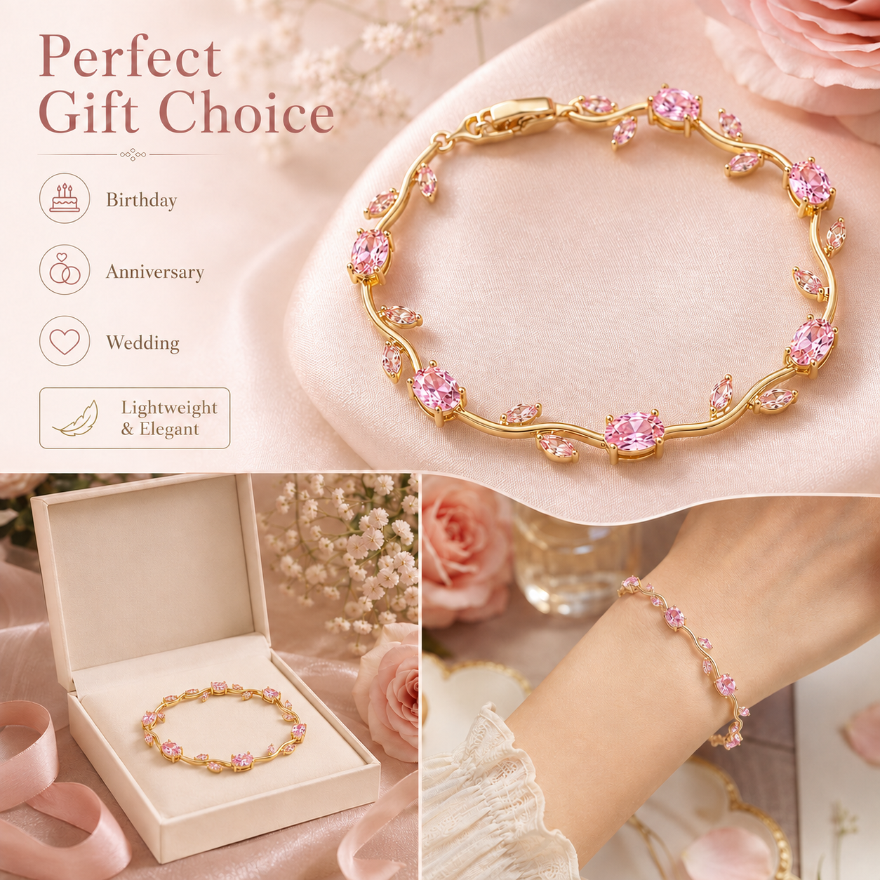 🌷 Bestseller Pink Tulip Bracelet for Women – Gold-Plated Stainless Steel ✨