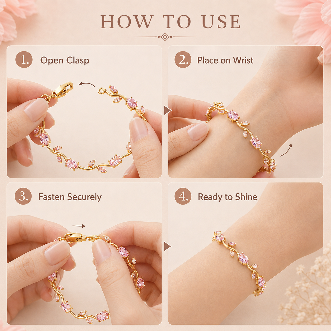 🌷 Bestseller Pink Tulip Bracelet for Women – Gold-Plated Stainless Steel ✨