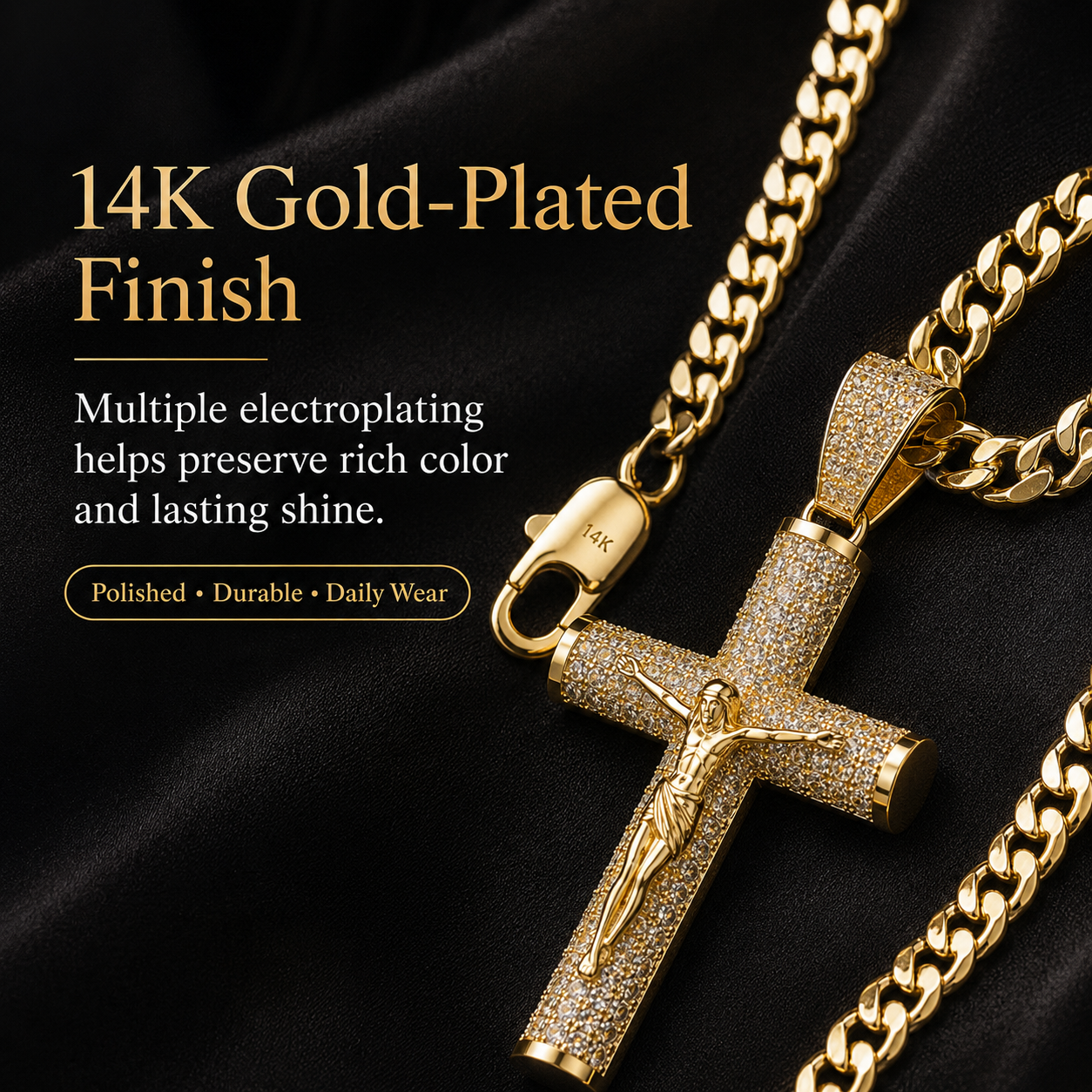 ✨ Gold-Plated Cuban Figaro Cross Necklace – 24" Miami Crucifix, Handcrafted Polished, Perfect Father's Day Gift