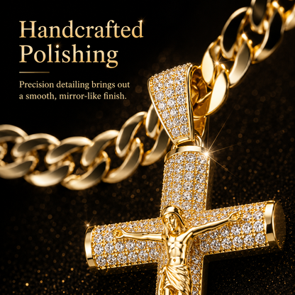 ✨ Gold-Plated Cuban Figaro Cross Necklace – 24" Miami Crucifix, Handcrafted Polished, Perfect Father's Day Gift