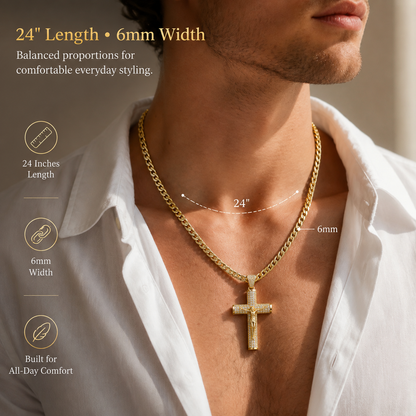 ✨ Gold-Plated Cuban Figaro Cross Necklace – 24" Miami Crucifix, Handcrafted Polished, Perfect Father's Day Gift