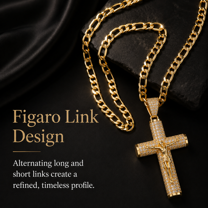 ✨ Gold-Plated Cuban Figaro Cross Necklace – 24" Miami Crucifix, Handcrafted Polished, Perfect Father's Day Gift