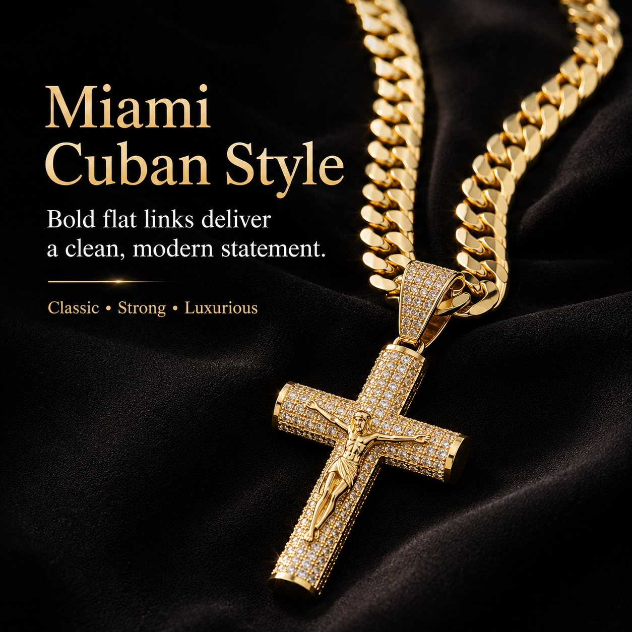 ✨ Gold-Plated Cuban Figaro Cross Necklace – 24" Miami Crucifix, Handcrafted Polished, Perfect Father's Day Gift