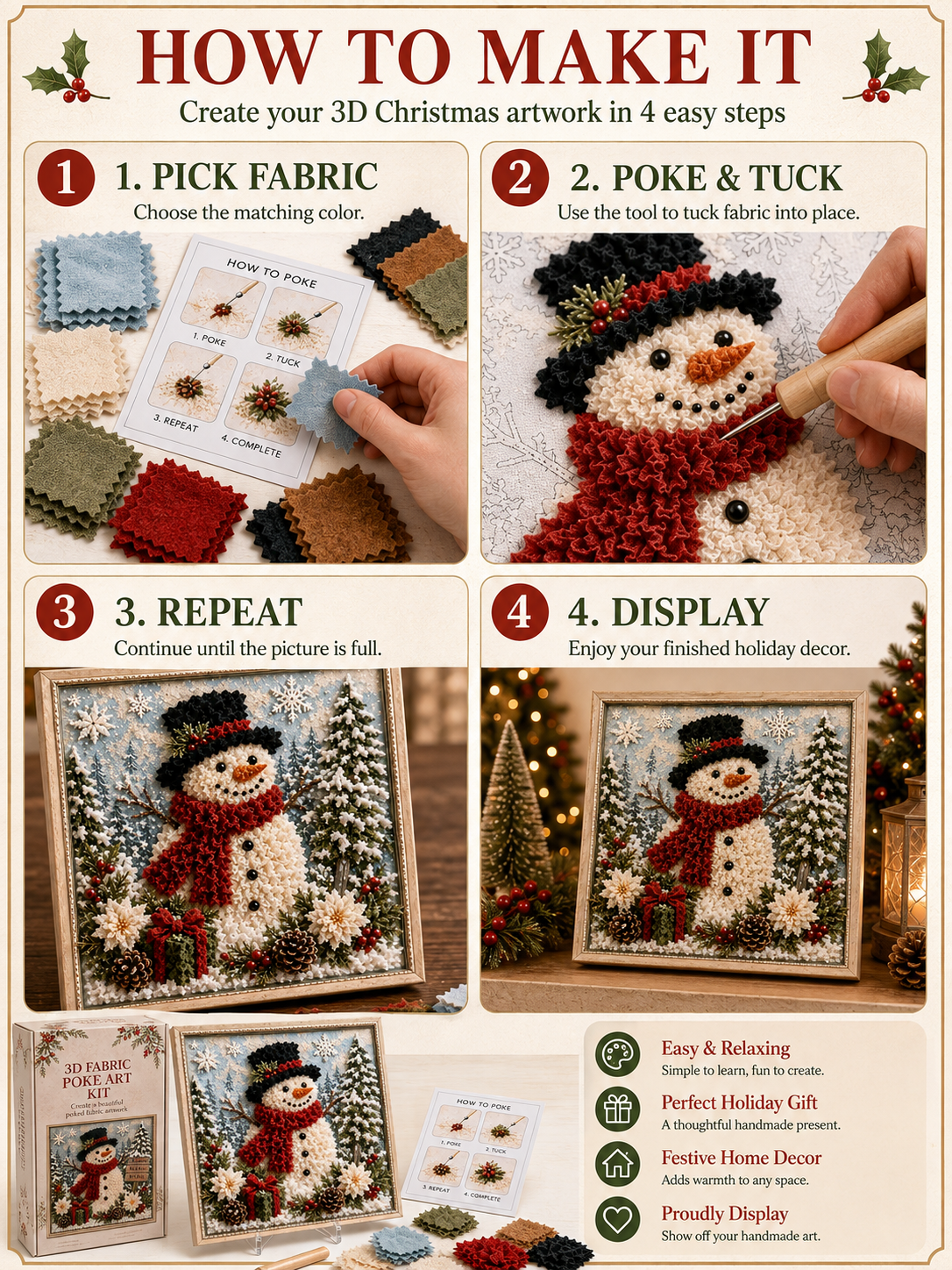 🎄 Christmas Poke Art Kit ⛄🎁 DIY Snowman Embroidery Craft Handmade Holiday Wall Decor for Beginners & Adults