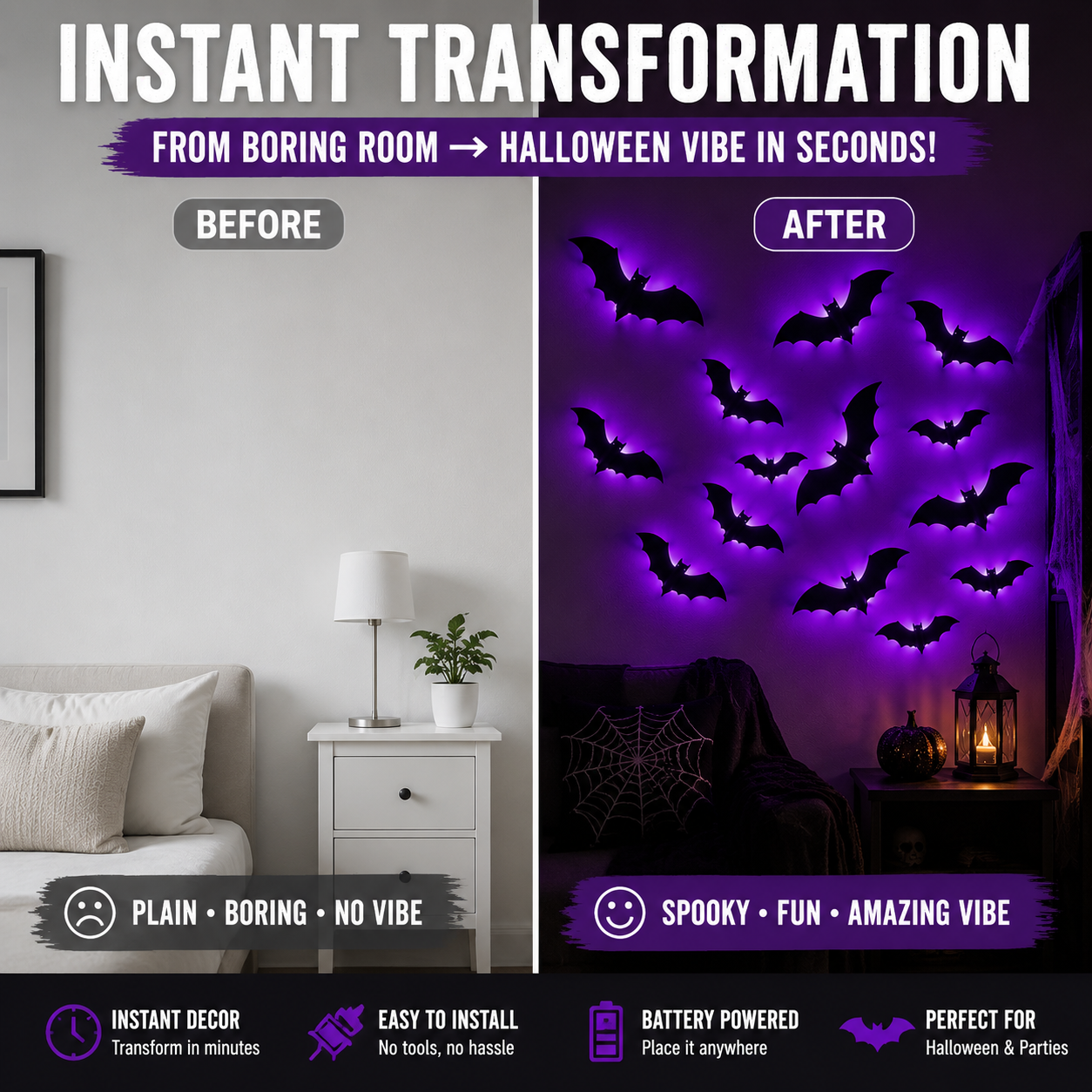 Halloween LED Bat Wall Lights | Peel & Stick Spooky Decor