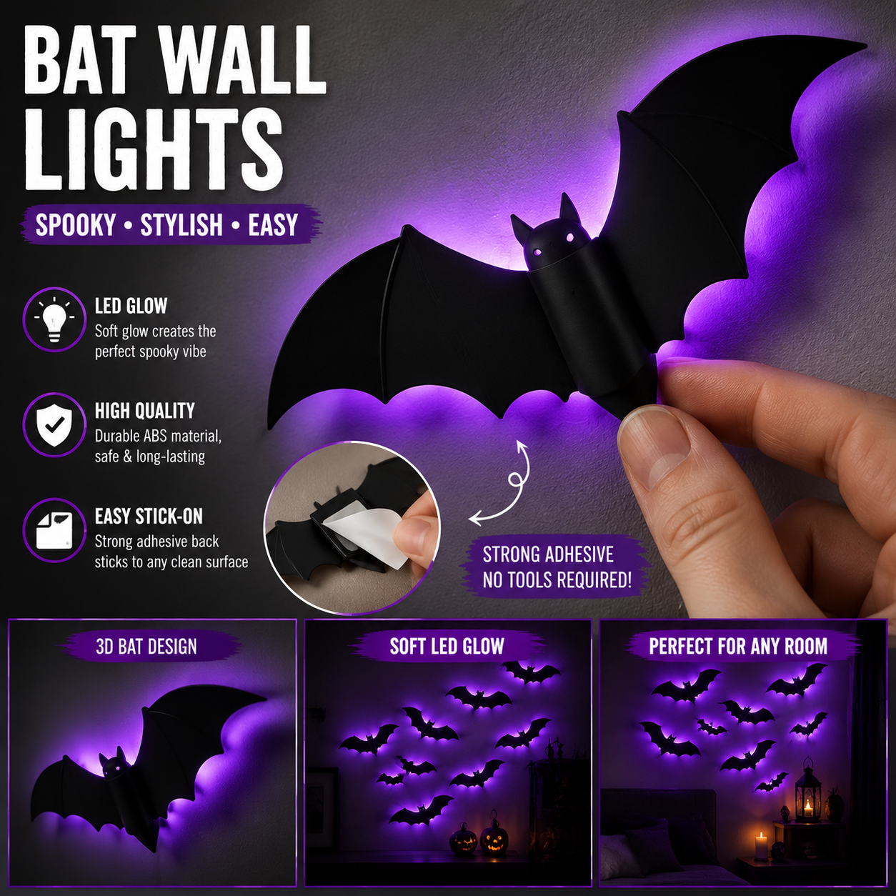 Halloween LED Bat Wall Lights | Peel & Stick Spooky Decor