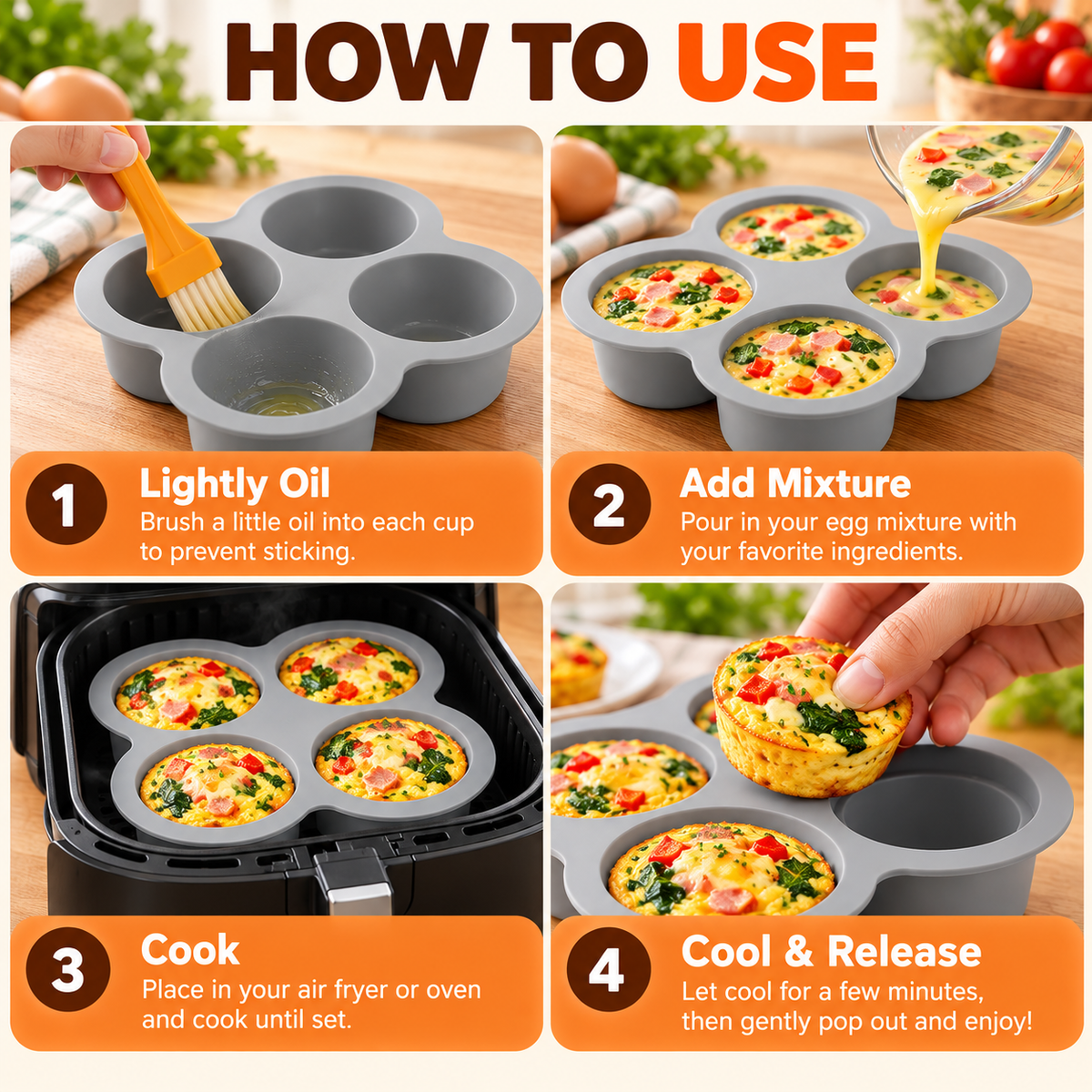 🍳 Silicone Air Fryer Egg Mold – 4-Cup Nonstick Baking Pan for Muffins, Egg Bites & Desserts