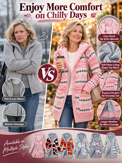 🧥 Women’s Hooded Coat – Thick Knit Printed Jacket, Button-Up Plus Size Mid-Length Outerwear