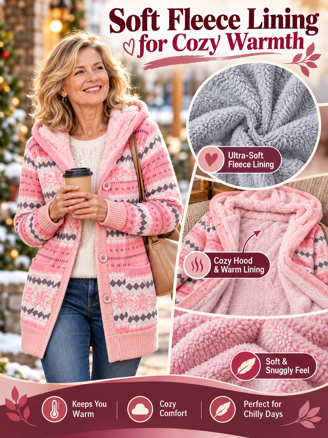 🧥 Women’s Hooded Coat – Thick Knit Printed Jacket, Button-Up Plus Size Mid-Length Outerwear