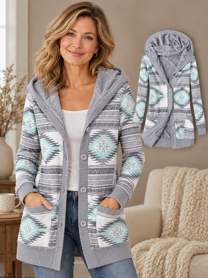 🧥 Women’s Hooded Coat – Thick Knit Printed Jacket, Button-Up Plus Size Mid-Length Outerwear