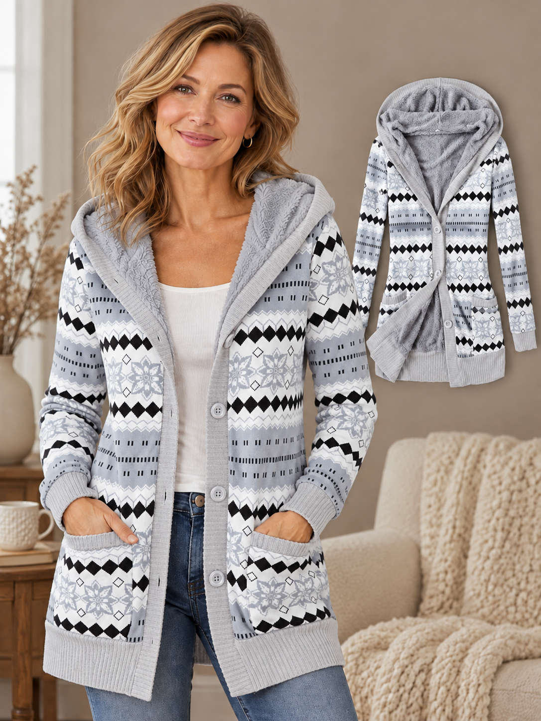 🧥 Women’s Hooded Coat – Thick Knit Printed Jacket, Button-Up Plus Size Mid-Length Outerwear