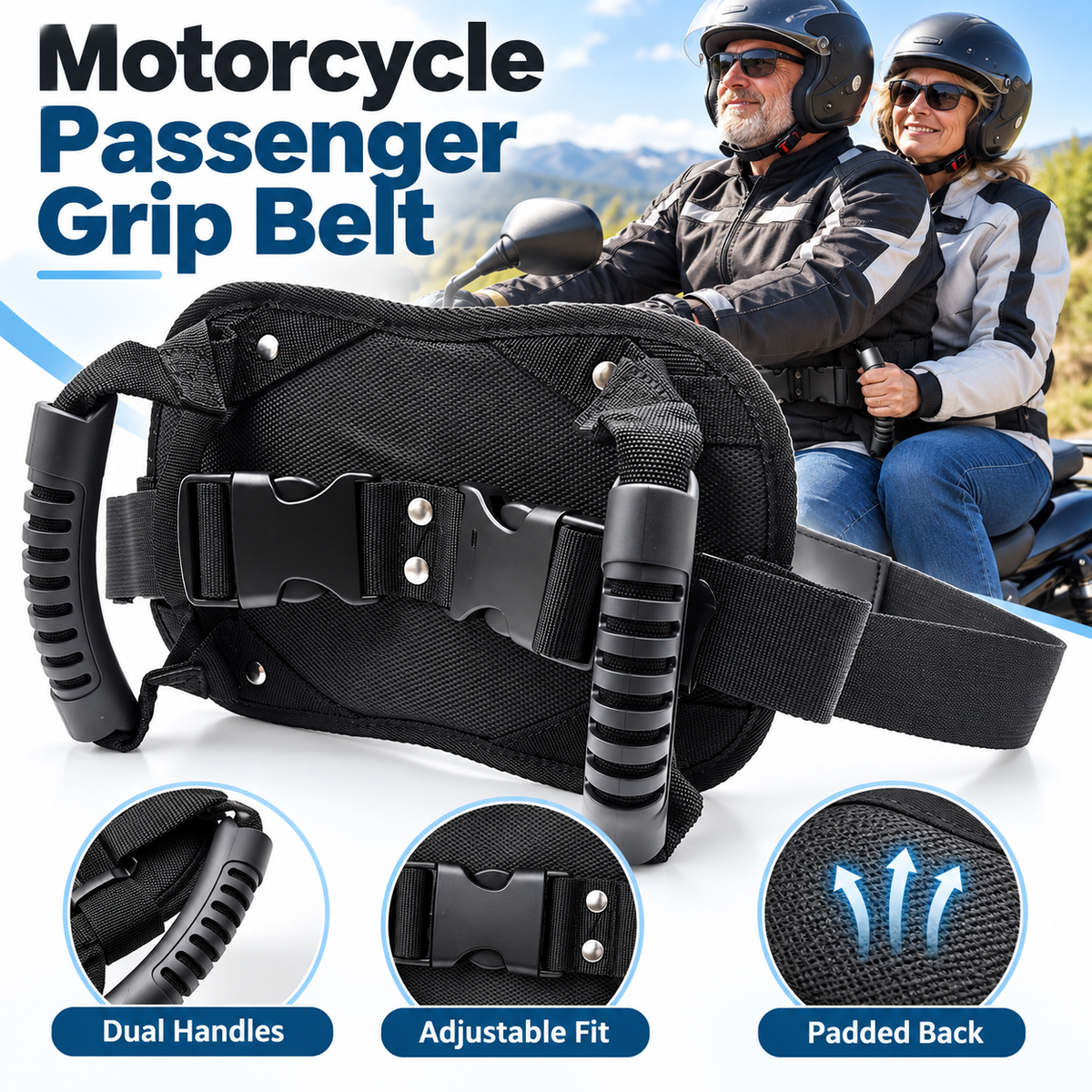 🏍️ Motorcycle Safety Gear – Adjustable Passenger Grip Strap, Universal Seat Belt for Kids & Riders