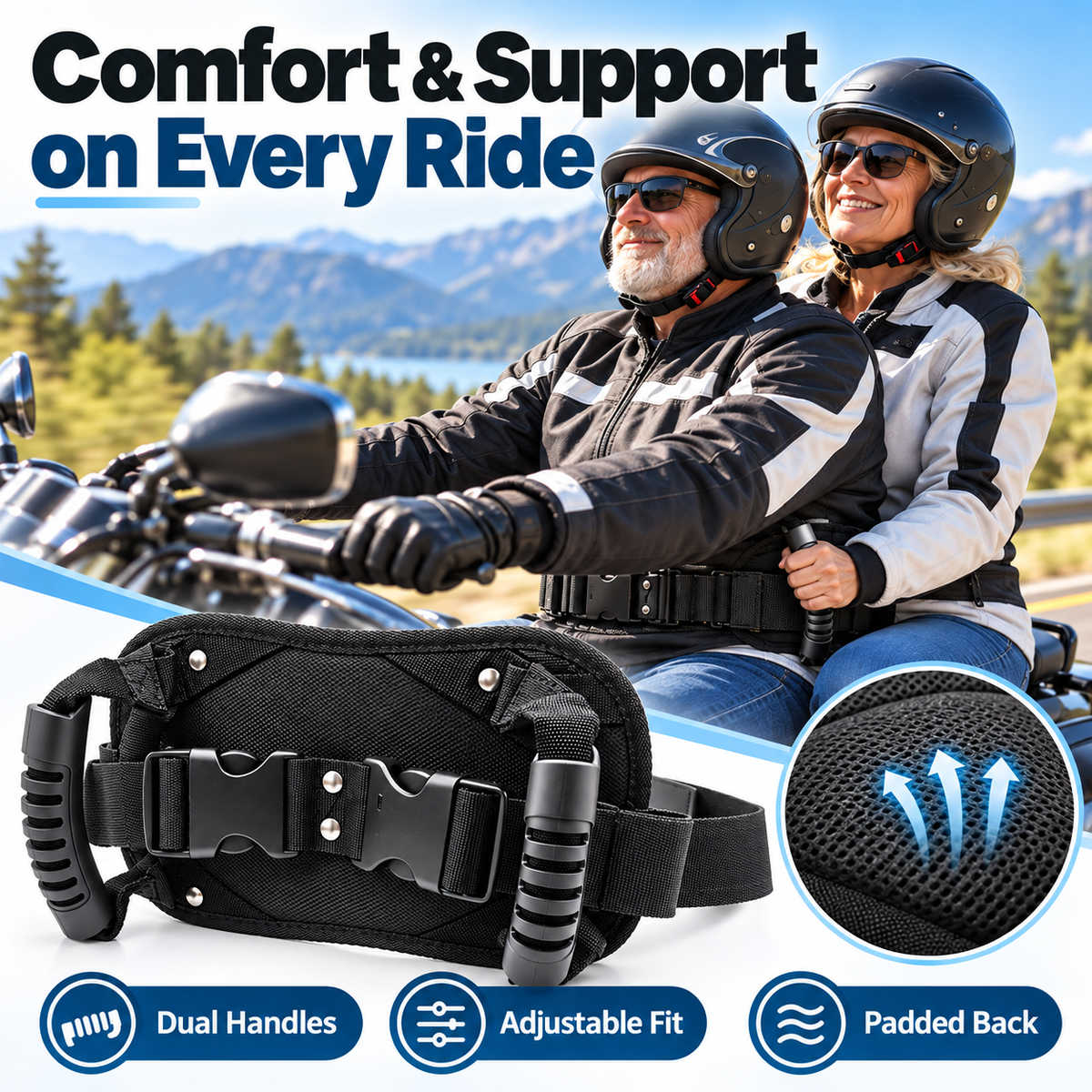 🏍️ Motorcycle Safety Gear – Adjustable Passenger Grip Strap, Universal Seat Belt for Kids & Riders