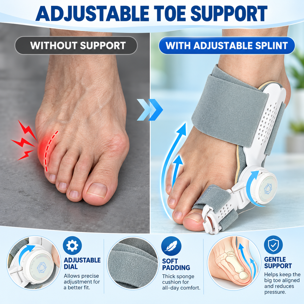 🦶 Bunion Corrector – Adjustable Toe Splint Support, Comfortable Foot Alignment Brace for Left & Right Feet