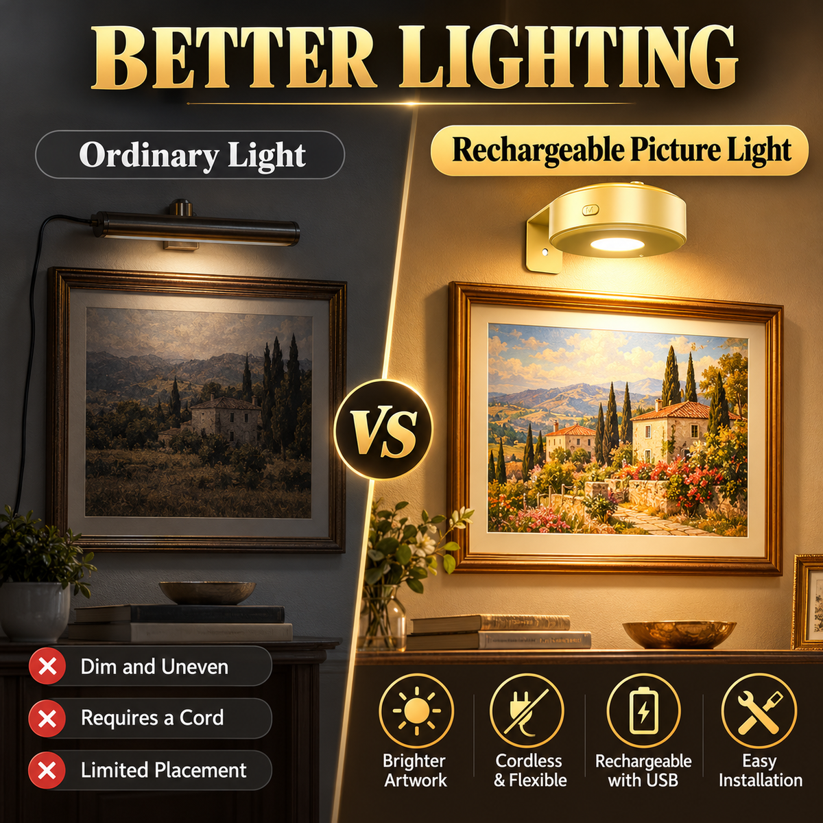 🖼️ Picture Lights – 3-Piece Rechargeable Wall Lights, Dimmable 3-Color Art Lighting with Remote & Timer