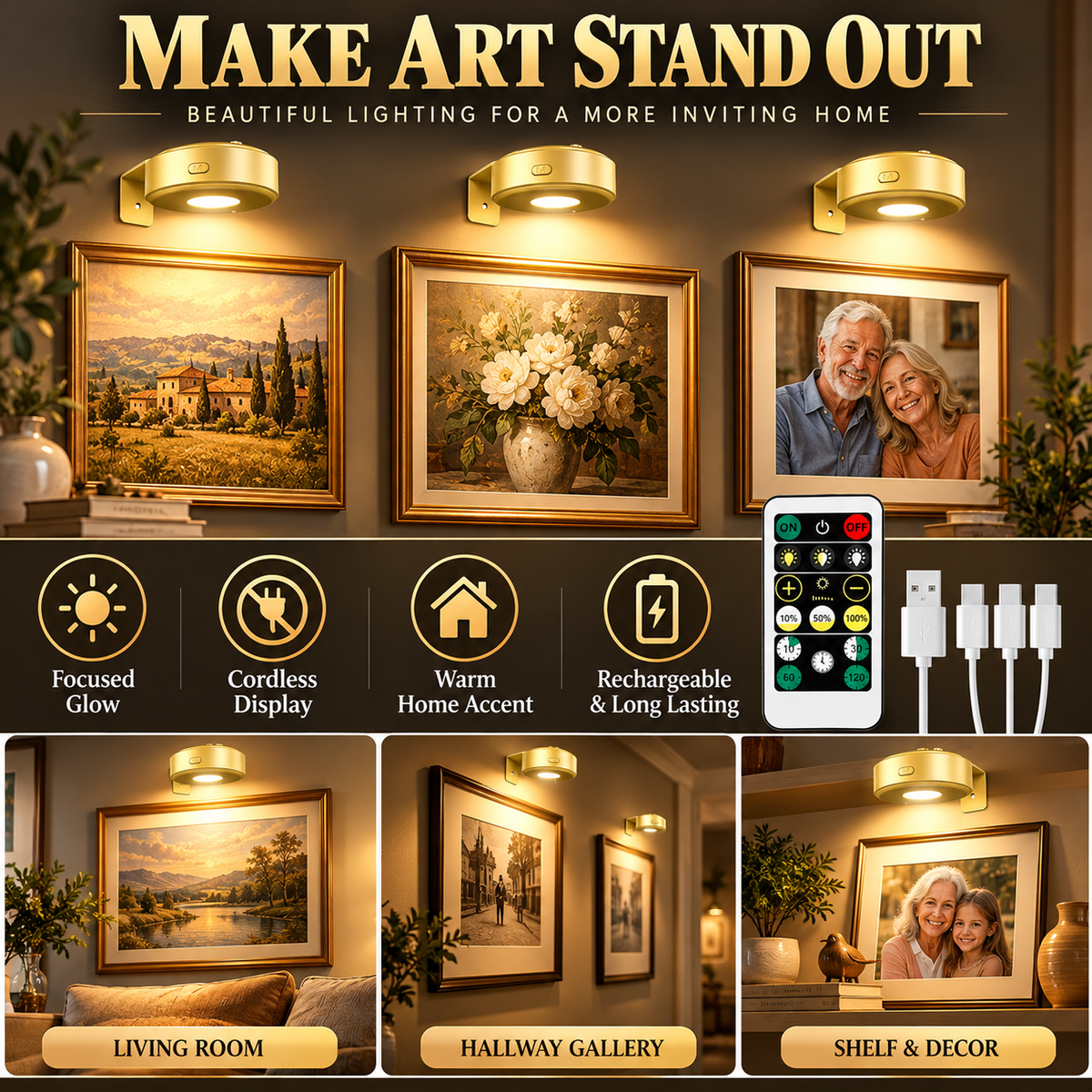 🖼️ Picture Lights – 3-Piece Rechargeable Wall Lights, Dimmable 3-Color Art Lighting with Remote & Timer