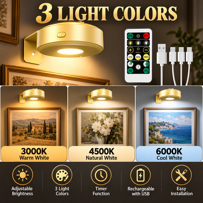 🖼️ Picture Lights – 3-Piece Rechargeable Wall Lights, Dimmable 3-Color Art Lighting with Remote & Timer