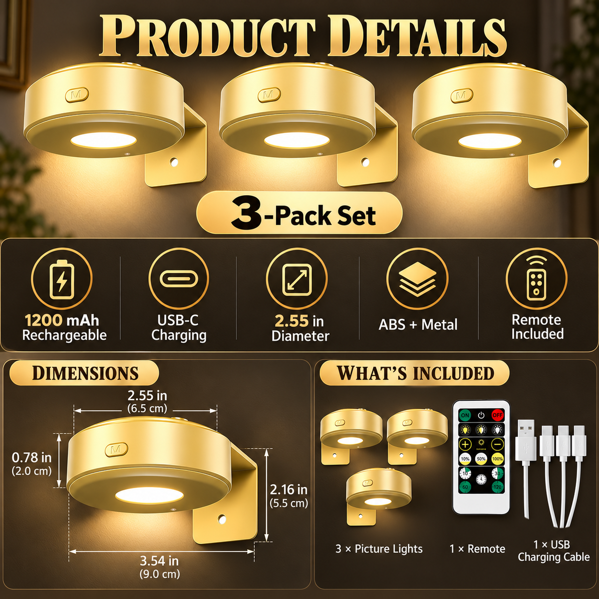 🖼️ Picture Lights – 3-Piece Rechargeable Wall Lights, Dimmable 3-Color Art Lighting with Remote & Timer