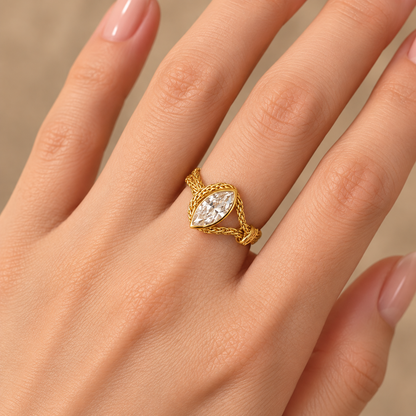 💍 Marquise CZ Chain Ring – 14K Gold-Plated Adjustable Evil Eye Ring, Dainty Stackable Jewelry for Women