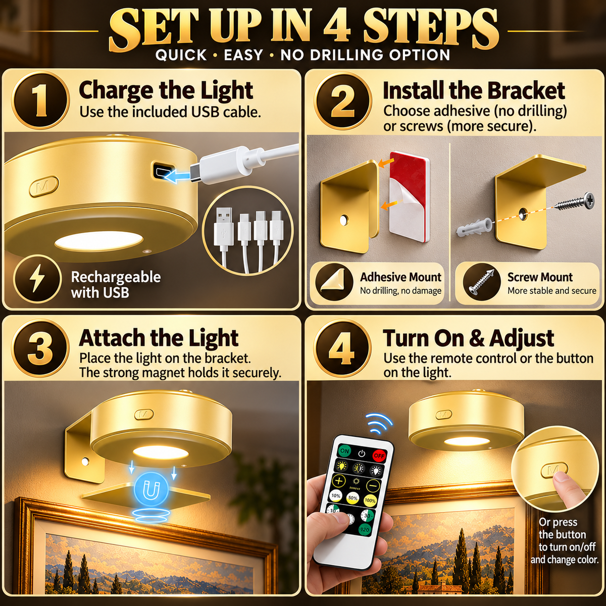🖼️ Picture Lights – 3-Piece Rechargeable Wall Lights, Dimmable 3-Color Art Lighting with Remote & Timer