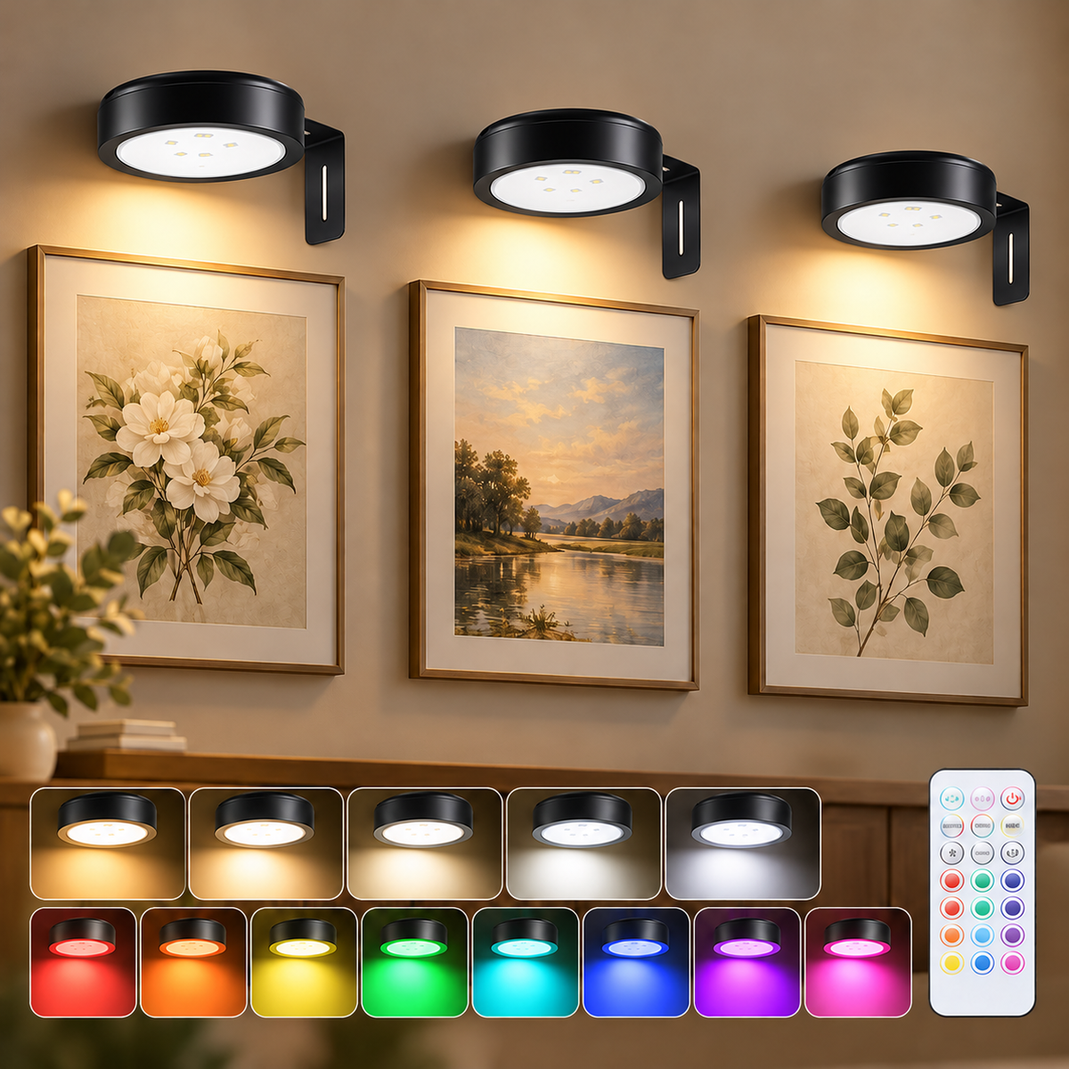 🖼️ Picture Lights – 3-Piece Rechargeable Wall Lights, Dimmable 3-Color Art Lighting with Remote & Timer