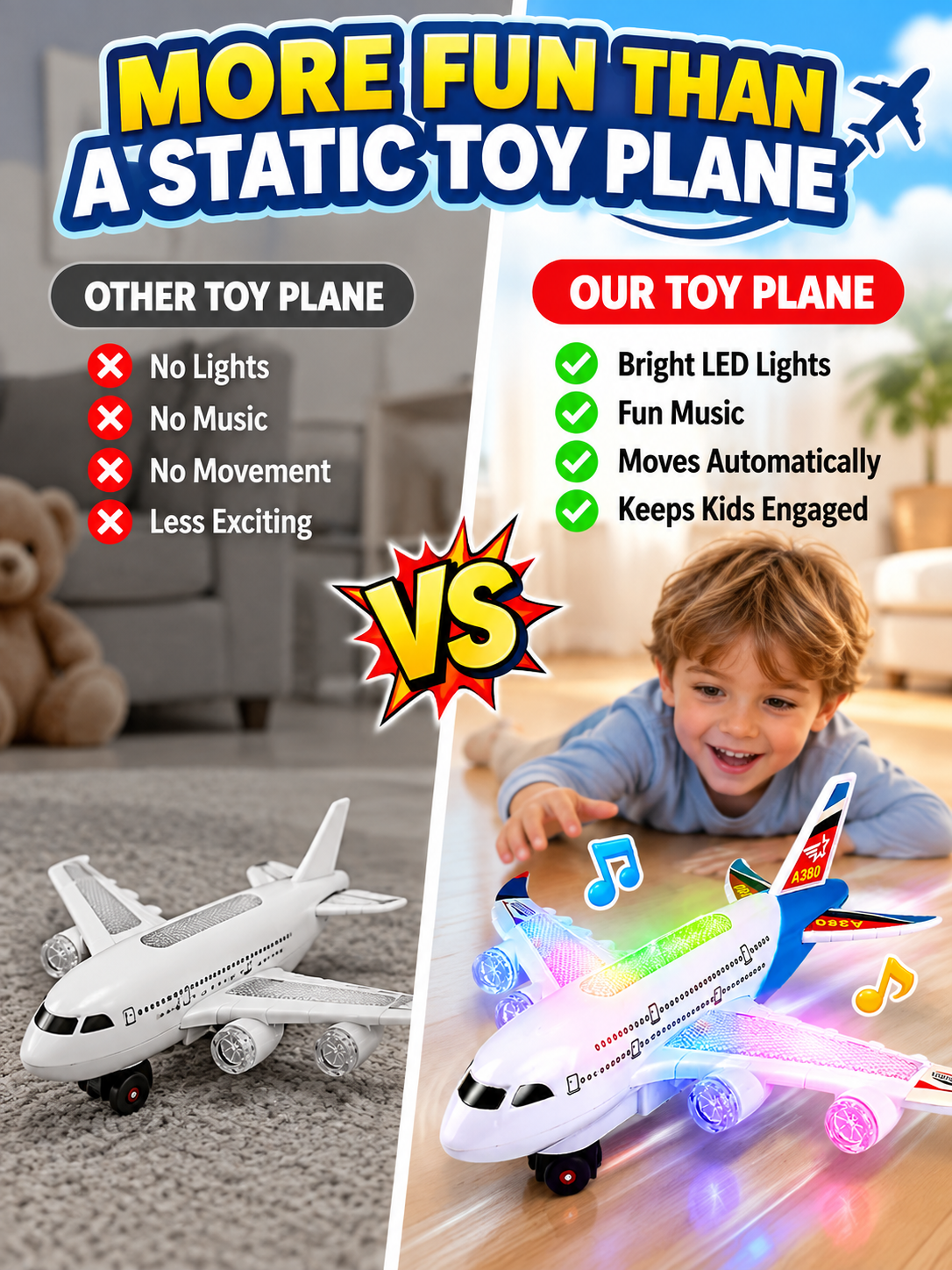 ✈️ Kids Fun Deal – Light-Up Spinning Airplane Toy 🌟 Musical Electric Aircraft with Flashing Lights & 360° Rotation for Ages 3+ 🎁