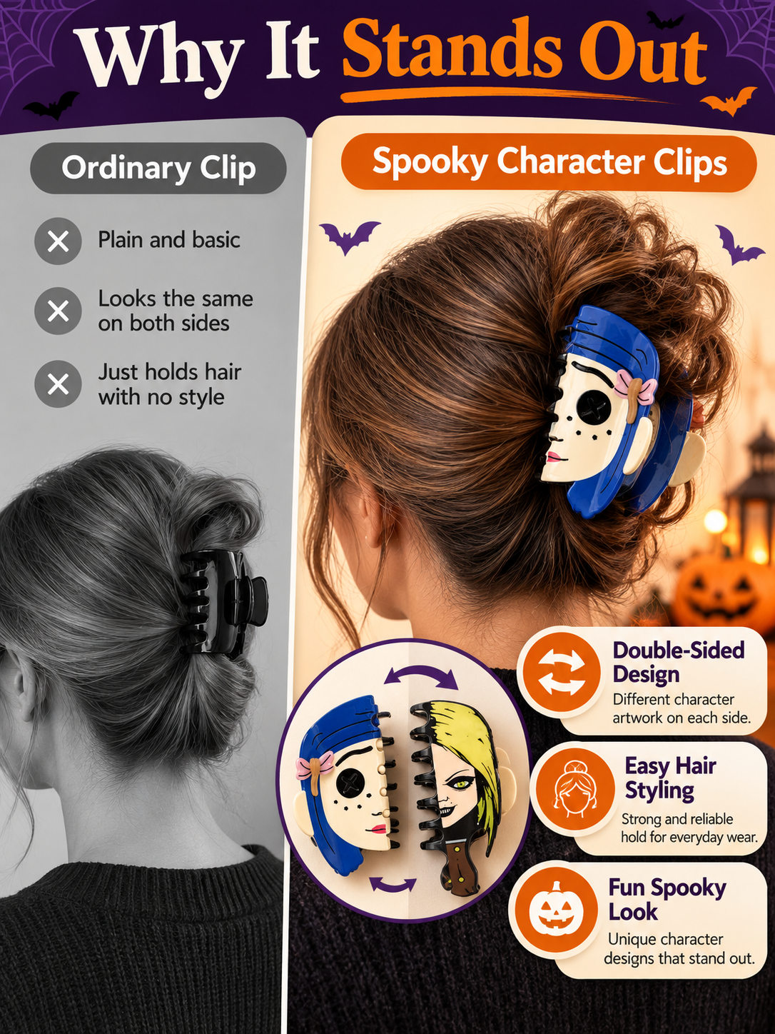 🎃 Halloween Style Deal – Double-Sided Horror Claw Hair Clips 💀 Bold Plastic Hair Accessories for Women & Men, Perfect for Spooky Season Looks ✨