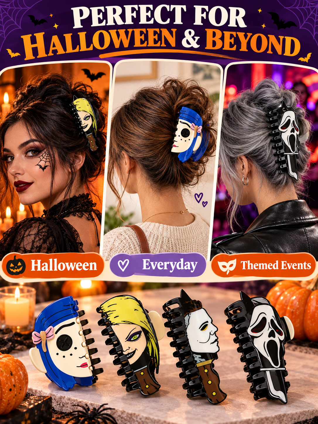 🎃 Halloween Style Deal – Double-Sided Horror Claw Hair Clips 💀 Bold Plastic Hair Accessories for Women & Men, Perfect for Spooky Season Looks ✨
